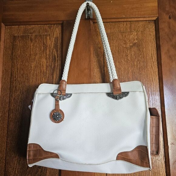 Bueno White Cognac Faux Leather Shoulder Purse Bag Key Cell Pockets Country Chic - Picture 1 of 15